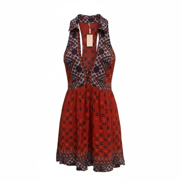Free People Vibrant Red and Blue Patterned Backless Dress - Picture 2 of 3